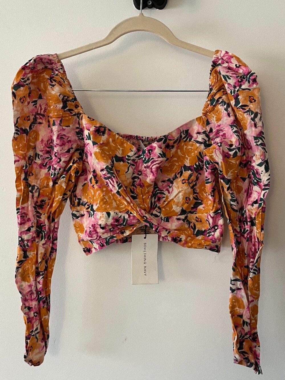 NWT Something Navy Boho Floral Puff Shoulder Crop Top Sz S - Picture 5 of 10